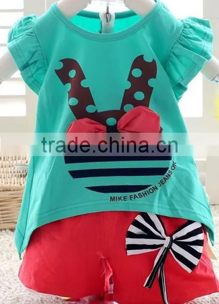 2014 Girls Summer Suit Easter Ruffle Pants Outfit, Girls Easter Bunny Outfit Set, Lovely Rabbit 2pcs Clothing Set With Bows photo-4
