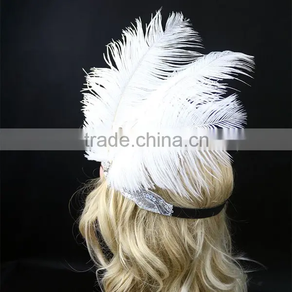 Wholesale Handmade Halloween Flapper Sequin Headpiece White Feather Headband Quality Choice photo-3