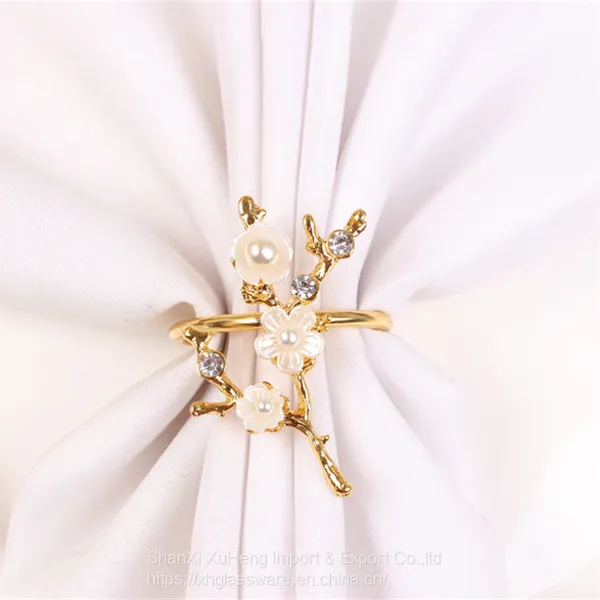Shiny Gold Plated Napkin Ring Holder With Pearl Flower photo-5