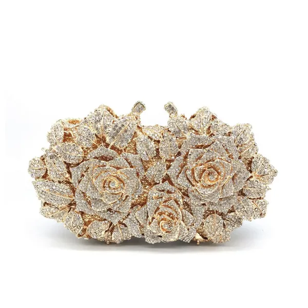 Golden Silver Luxury Crystals Evening Bags Fashion Rose Flower Diamonds Clutch Bags Soiree Purse Women Wedding Bride Handbags photo-2