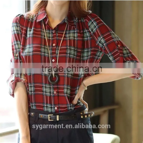 2015 Spring Women Red and Black Plaid Shirt Long Sleeve Ladies Tartan Blouse