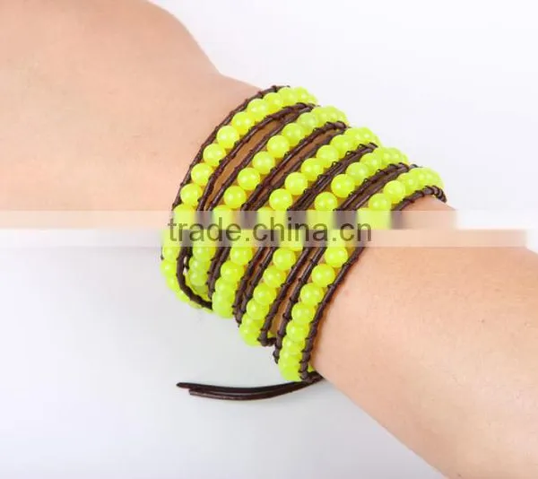 Newest Design Fashion Yellow Beads Charm Bracelet Women Jewelry 5 Coil Winding Leather Bracelet Bangles Jewelry Wholesale photo-4