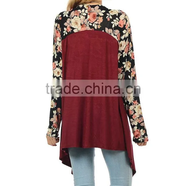 OEM Wholesale Women Fashion Long Sleeve Wine Black Floral Open Cardigan Sweaters photo-4