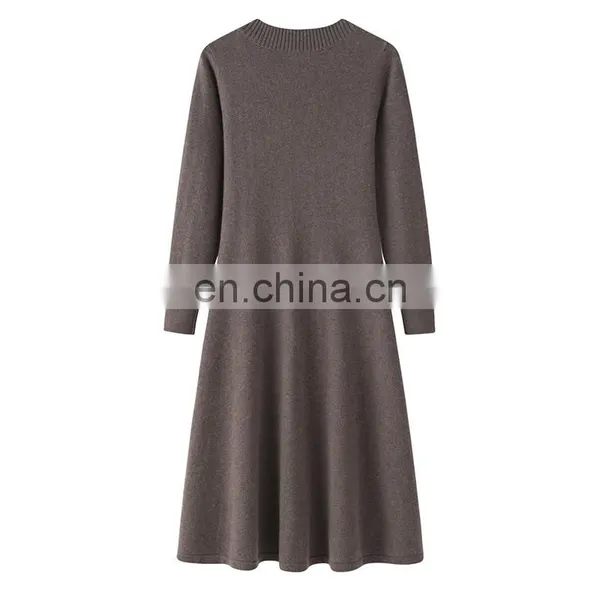 Lady's Knitted A-Line Dress With Long Sleeves Sexy Solid Color Breathable Cashmere Natural Waist Knee-Length Spring Fall Seasons photo-2
