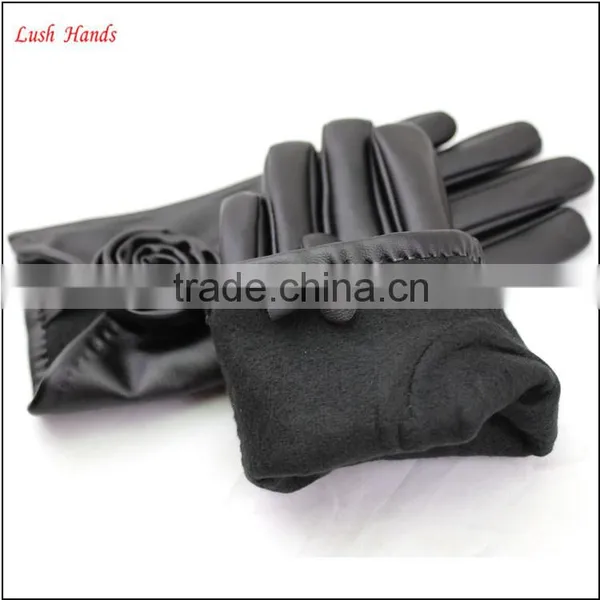 Ladies PU Leather Gloves Black With Roses photo-4