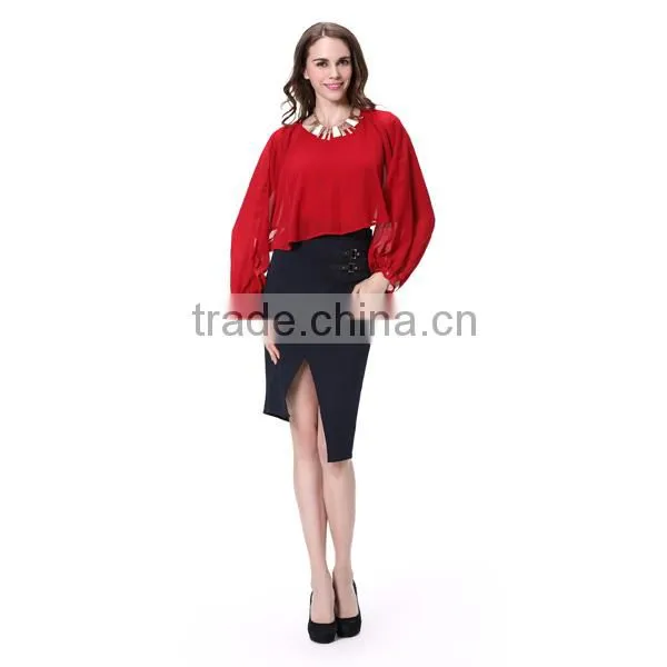 New Designed Crewneck Long Sleeve New Fashion Chiffon Blouse 2016 photo-2