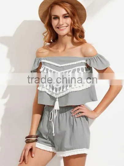 Two-piece-outfits Latest Fashion Design Women Clothing Grey Tassel Off The Shoulder Top With Tie Waist Shorts