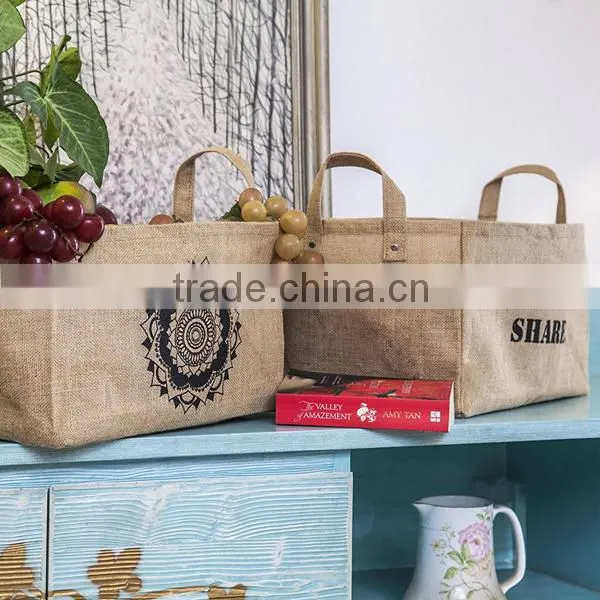 Coffee PE Coating Waterproof Printed Sturdy Jute Organizer Basket , Eco-friedly Jute Storage Basket photo-5