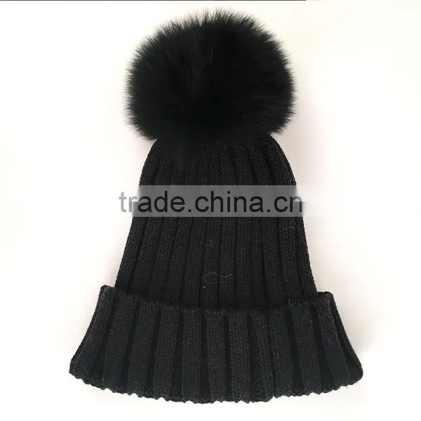 Myfur Hot Sale Black Winter Crochet Beanie Hat With Removable Fox Fur Bobble photo-2