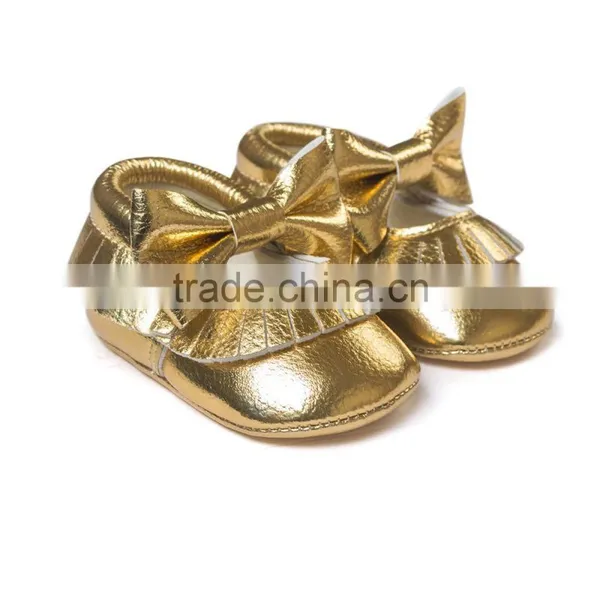 Golden Baby PU Moccasins, Bow Design Little Girl Moccasins photo-5