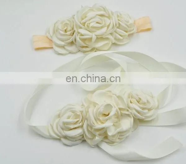 Natural Blossom Bridal Sash Matching Headband Set With Cream Beige Floral Hair Piece Photo Prop photo-2