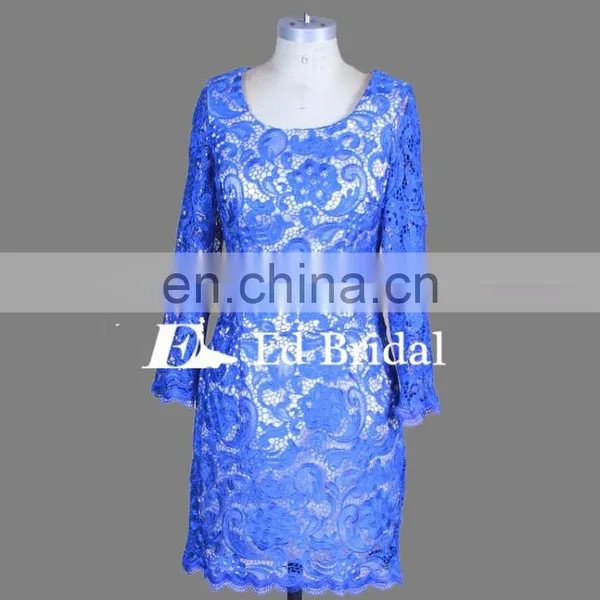 Cheap Royal Blue Scoop Neckline Knee Length Short Lace Pattern Evening Dress Long Sleeve photo-3