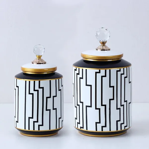 European Simple Style Black Labyrinth Pattern Ceramic Flower Vases With Crystal Lid For Home Decoration photo-4