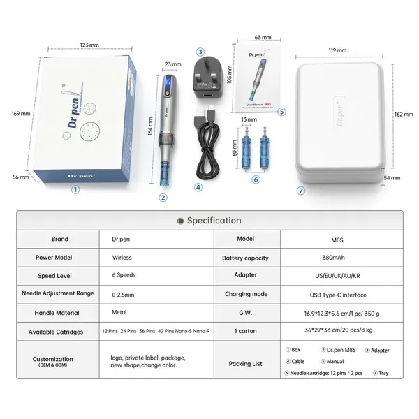 Wholesale Derma Pen M8S Stainless Steel 12/18/24/36/42/Nano Pin Cartridge Microneedling Needles Dr Pen Derma Pen photo-5