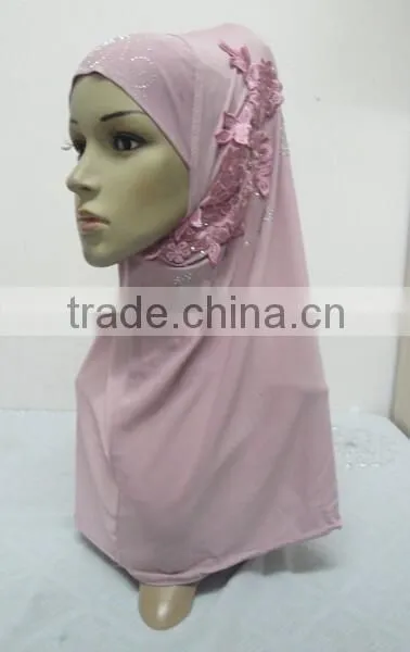 H274 Latest One Piece Instant Hijab With Lace and Rhinestones,muslim Scarf photo-2