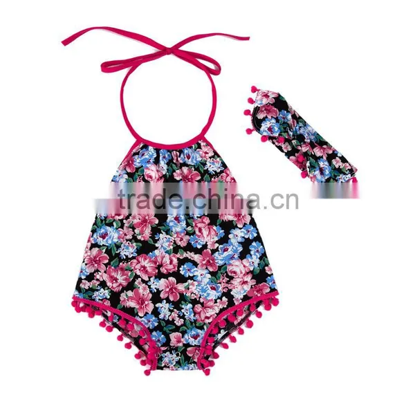 Baby Romper With Pompom And Headband.Summer Children Clothes.Floral Decoration. photo-2