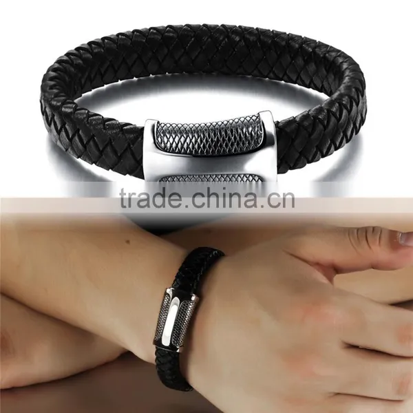 China Supplier Jewelry Silver Titanium Steel Punk Mens Rope Bangles Cow Leather Braided Cuff Bracelet photo-4