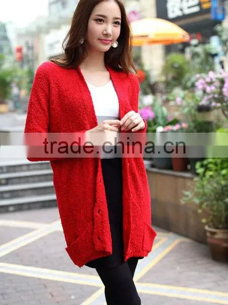 OEM Ladies Fashion Long Sleeve Loose Red Knitting Woman Cardigan Sweater