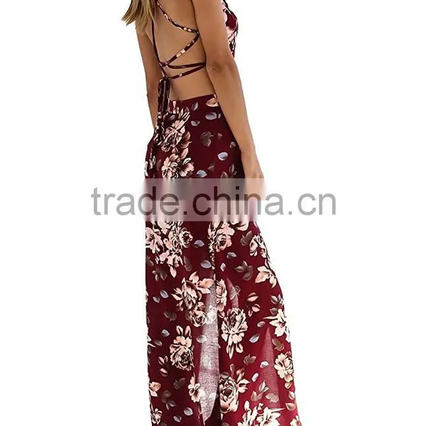 Women's Boho Bandage Crop Top Long Skirt Floral Print Maxi Dress photo-4