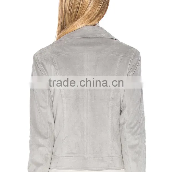 Autumn 2018 Lady Clothing Silver Faux Suede Zip up Motorcycle Jacket photo-6