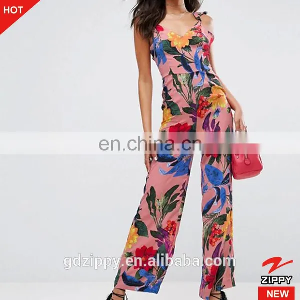 2017 New Fashion Summer Beach Tie Back Floral Pink Print Ladies Casual Ruffle Long Women Jumpsuit photo-5