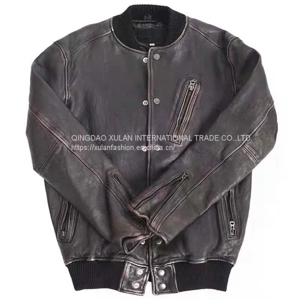 HOT SALE 2021 NEW FASHION MEN'S WASHED BASEBALL GENUINE SHEEPSKIN LEATHER JACKET photo-4