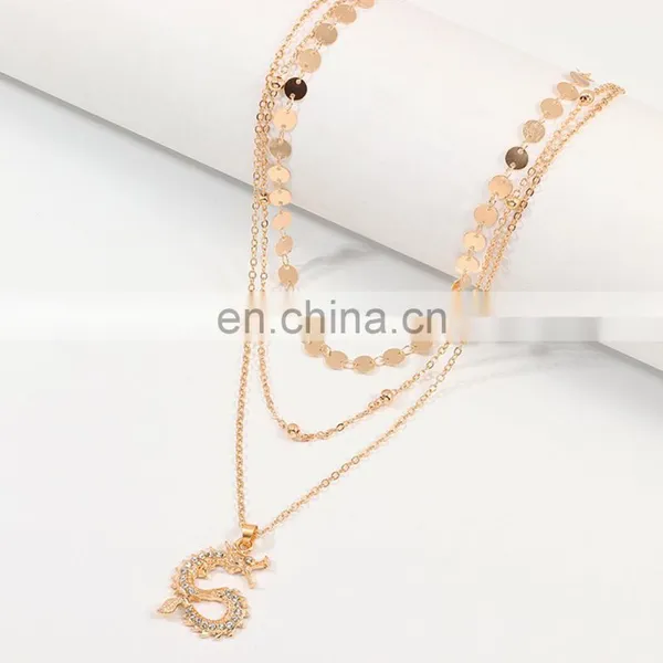 Vintage Chinese Style Zodiac, Animal Purple Crystal Rhinestone Dragon Snake Rose Coin Pendant Multilayer Necklace Earring/ photo-3