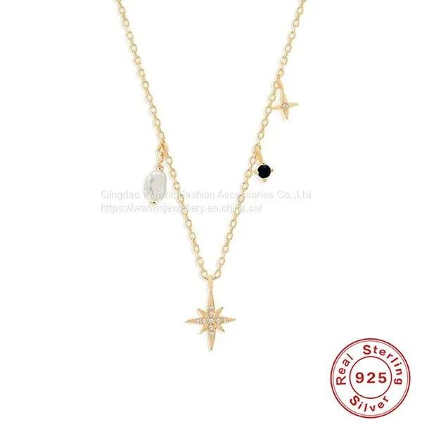 S925 Sterling Silver Octagonal Star Shaped Pearl Collarbone Necklace photo-3