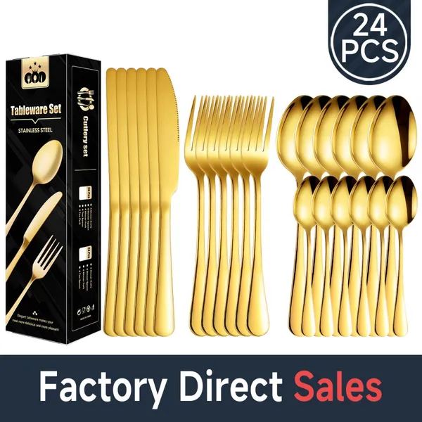 24-Pcs Gold Cutlery Set,Stainless Steel Flatware Wholesale Tableware Set, Mirror Polished, Dishwasher Safe,Suitable for Family Dining, Restaurant