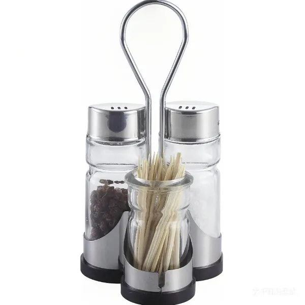 Glass Salt Pepper Toothpick Condiment Set With Stainless Steel Rack photo-5