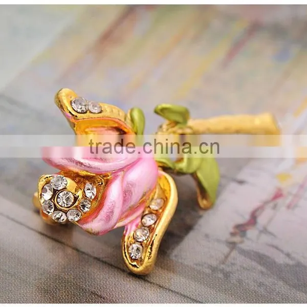 Fashion Elegant Pink Rose Crystal Flower Small Scarf Ring Brooch photo-2