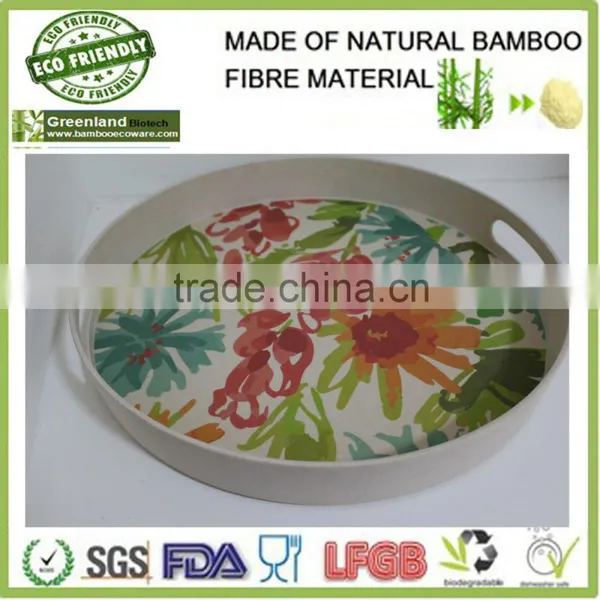 Round Flower Printed Tray Bamboo Fibre Eco-friendly Homeware Stackable Food Holder Trays
