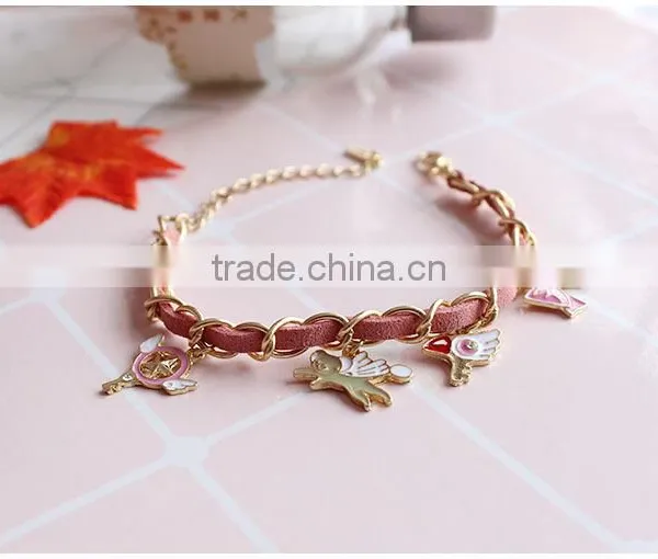 Enamel Magic Charms Bracelet Gold Chain and Suede Leather Handwoven Bracelet Lovely Charms Bracelet photo-2