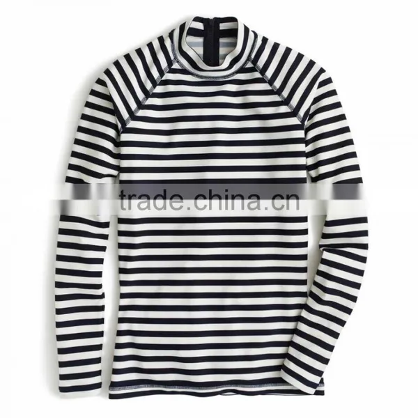 Polyamide Nylon Elastane Spandex Comfortable Long Sleeve Custom Printed Classic Navy Blue White Stripe Beach Surfing Rash Guard photo-4