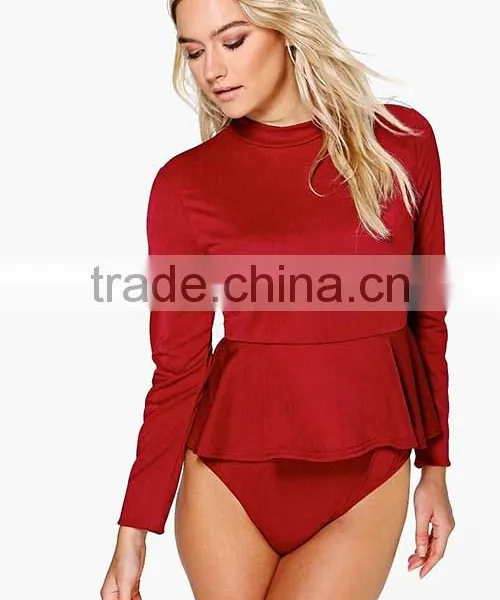 2016 Fashion Wholesale Custom Sexy Girl Plus Size Long Sleeve Plain Red Women Bodysuit
