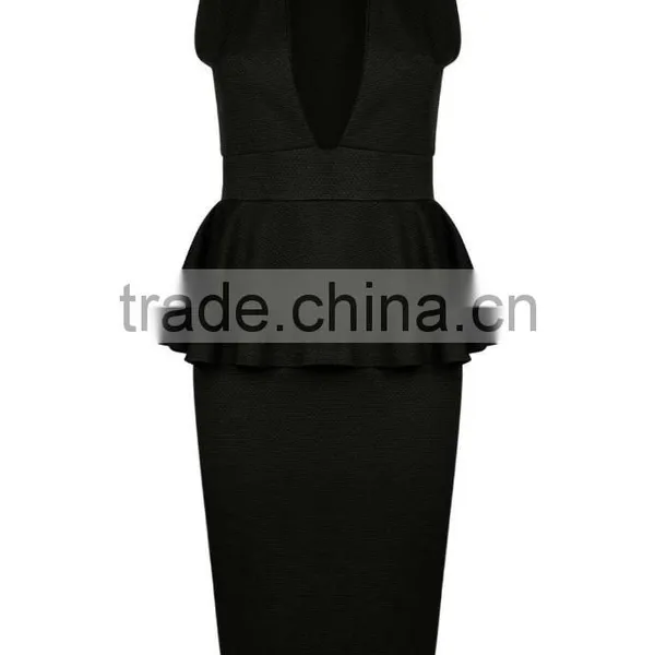 Yihao OEM Factory 2016 Women New Summer Latest Designs V Neck Midi Peplum Dress Fashion for Ladies photo-5