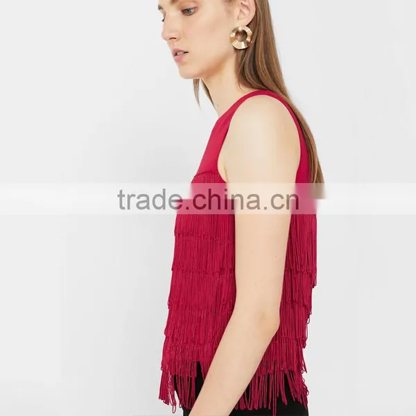 Red Sleeveless Blouses With Tassels 2018 Womens Fringed Tops photo-3