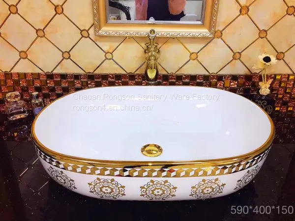 Hot Sale Ceramic Round Modern Luxury Golden Single Hole Wash Basin Price Bathroom Basin With Gold Decorative photo-5