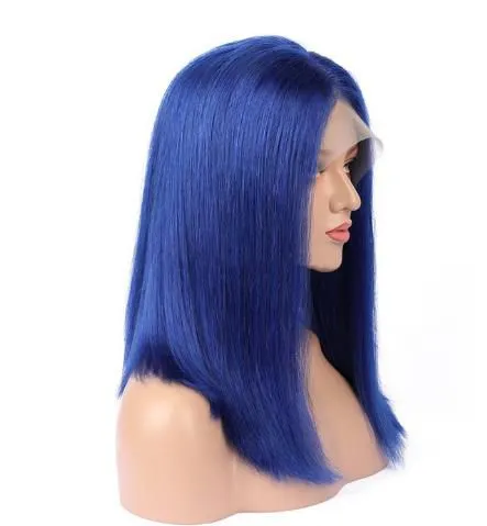 Wholesale Unprocessed Cuticle Aligned Silky Straight Bob 16inch Blue Human Hair Lace Front Wigs