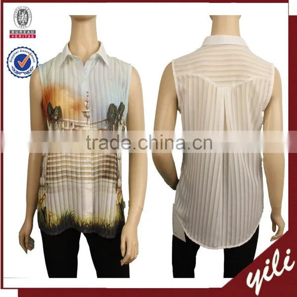 2016 S/S Stripe Front Print Sleeveless Lady Summer Shirt Designs