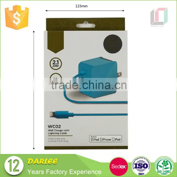 Spot uv Embossed Custom Recyclable Free Sample Cell Phone Charger Package Box With Hang Hole