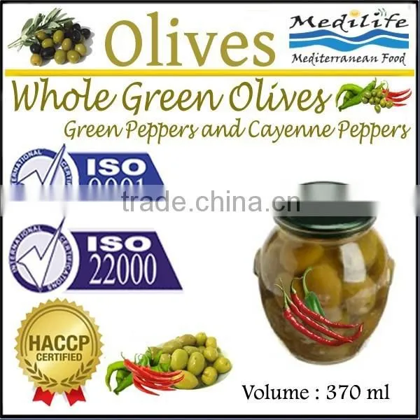 High Quality 100% Tunisian Table Olives,Green Olives With Green Peppers & Cayenne Peppers,Table Olives 370 ml Glass Jar