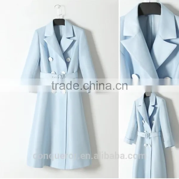 Classic Elegant Ladies Pinched Waist Solid Color Double Breasted Long Windbreaker Wind Coat photo-5