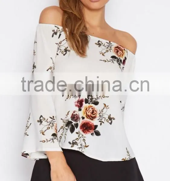 Fashion Blouse Design Floral Tie-Sleeve Off-Shoulder Top&blouse for Sale 2017 photo-2