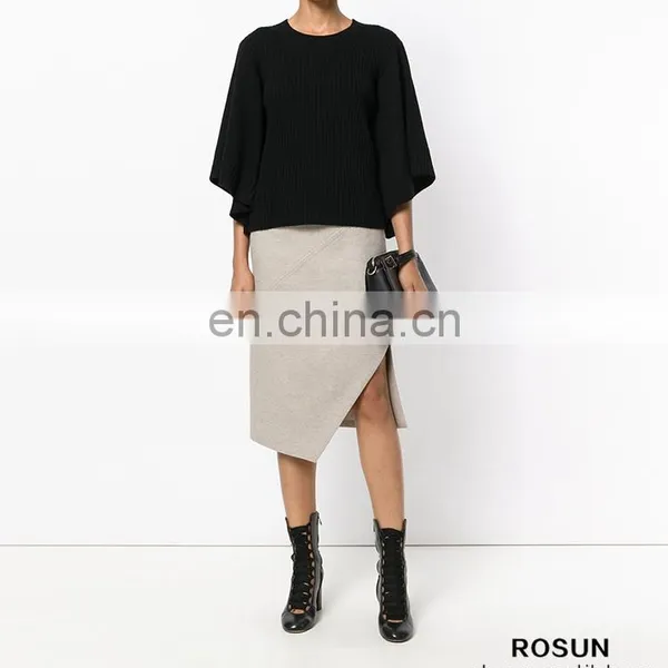 Women Crew Neck Cashmere Bat Sleeves Knitted Ribbed Top photo-4