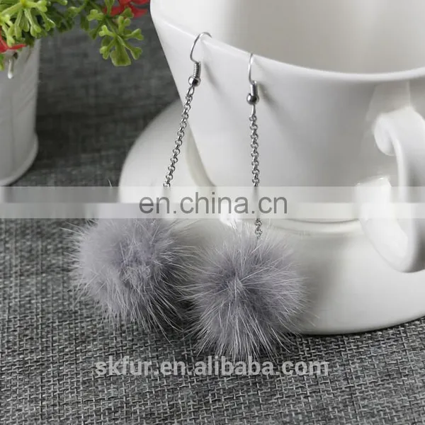 Superior and Beautiful Real Mink Fur Pom Pom Ball Eardrop Earrings for Women