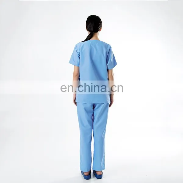 V-neck 3 Pocket Blue Polyester Cotton Oem Medical Scrub Suits photo-3