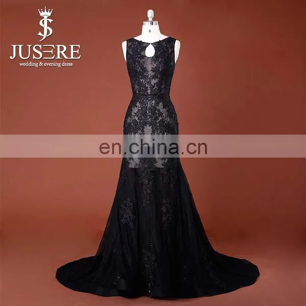 Latest Design Sexy Sleeveless See Through Lace Appliqued Long Black Mermaid Australia Evening Dress With Lace Made In China 2016
