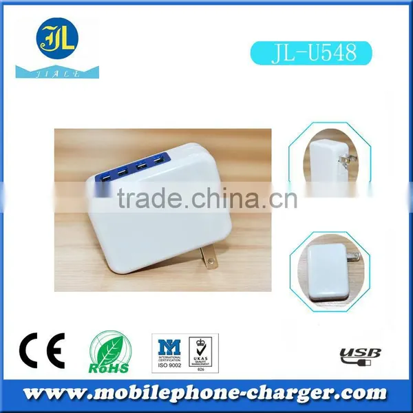 2014 New Product USB Travel Charger With White Shell 4 Port Blue USB Connector
