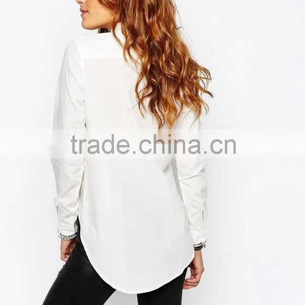 2016 Summer Long Sleeve 100% Cotton Casual Ladies White High Low Shirt photo-2